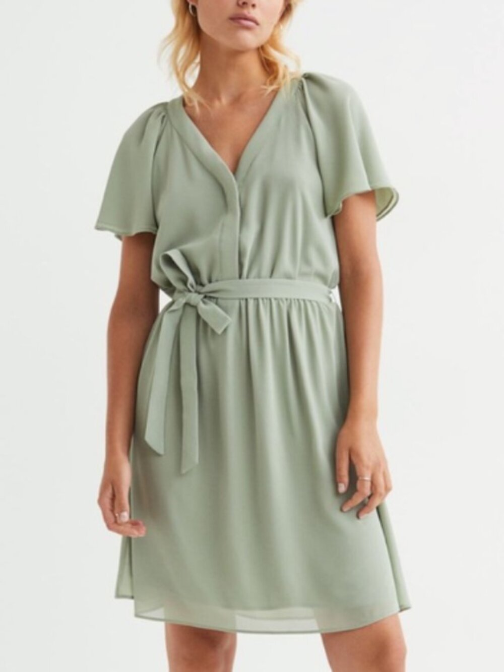 H&M Dress XS Sage Green Chiffon Flutter Sleeve Fall Lightweight Missing Belt